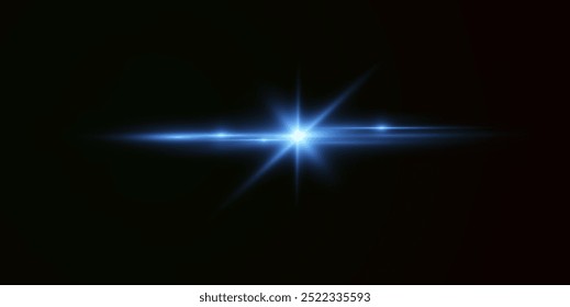 Light blue effect reflections, neon illumination in blue colors. Bright light lens. Police light effects, lines. Shiny stars, glowing sparks on a black background. Vector red light effect