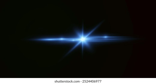 Reflexões de efeito azul claro, iluminação neon em cores azuis. Lente clara brilhante. Efeitos de luz policial, linhas. Estrelas brilhantes, faíscas brilhantes sobre um fundo preto. Efeito de luz vermelha vetorial