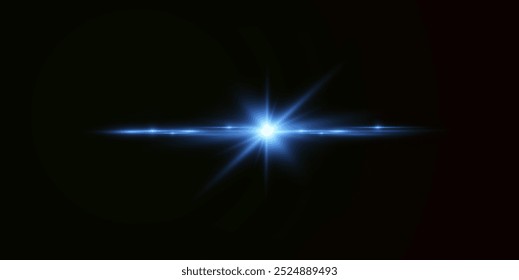 Light blue effect reflections, neon illumination in blue colors. Bright light lens. Police light effects, lines. Shiny stars, glowing sparks on a black background. Vector red light effect