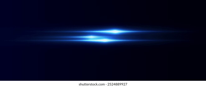 Reflexões de efeito azul claro, iluminação neon em cores azuis. Lente clara brilhante. Efeitos de luz policial, linhas. Estrelas brilhantes, faíscas brilhantes sobre um fundo preto. Efeito de luz vermelha vetorial