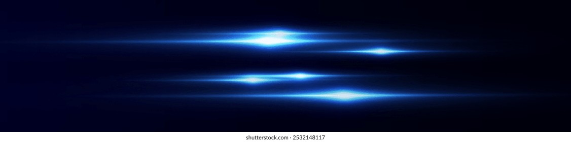 Reflejos de efecto azul claro, iluminación de neón en colores azules. Lente de luz brillante. Efectos de luz de la policía, líneas. Estrellas brillantes, chispas brillantes sobre un fondo negro. Efecto de luz roja de Vector