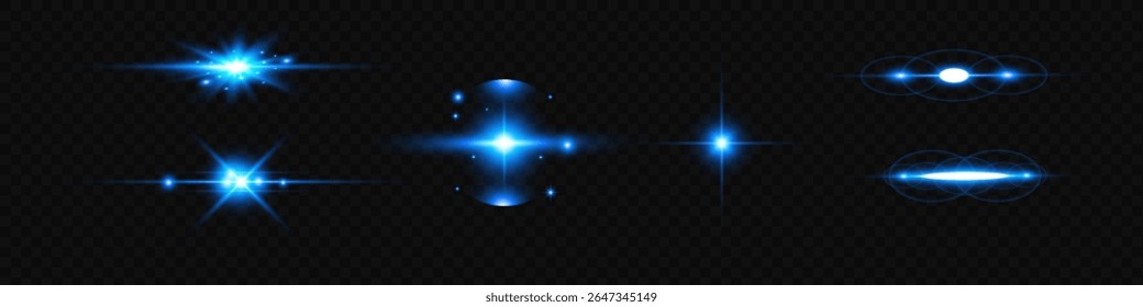 Light blue effect reflections, neon illumination in white colors. Bright light lens. Police light effects, lines. Shiny stars, glowing sparks on a black background