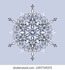 Light blue elegant snowflake. Christmas decoration. New Year blue glittering ornament.