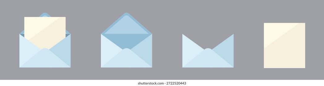 Conjunto de ícones de envelope azul claro e de vetor de papel carta. Ilustração de email aberta e fechada.