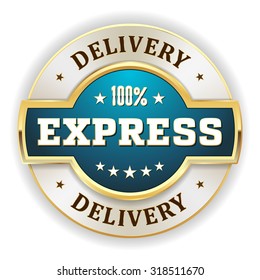 Light blue express delivery badge with gold border on white background
