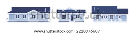 Light blue exterior dream home cartoon set. Small budget beautiful, functional, comfortable building, successful investment for renting, buying, classical design. Vector flat style illustration