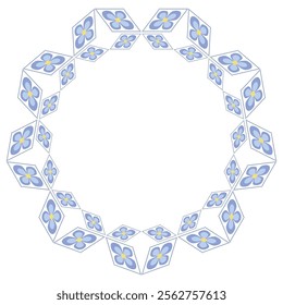 Light blue fantasy flowers isolated design element. Floral graceful round frame. Mandala vector illustration. Frame for your text. Fantasy repetitive ornament for decor clothes, textile, cards.