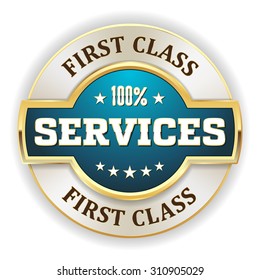 Light blue first class services badge with gold border on white background