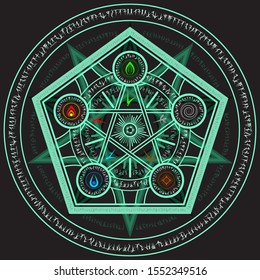 light blue five star magic incantation circle with fantasy alphabets spell (named Fotonth) contain four elemental (earth water wind fire) and life symbols on black background