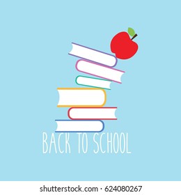 light blue flat design background & simple clean text - back to school illustration with many books & one red apple vector fall down