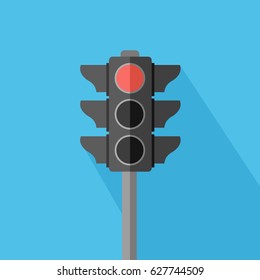 light blue flat design style background with a one single stoplight Vector isolated & red symbol icon in the top. stop and halt for transportation or business. buttons in traffic light sign & shadow