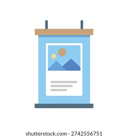 A light blue flat style poster displays a minimalist landscape illustration with mountains and sun, set against a black backdrop.