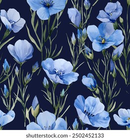 Light blue flax flowers vector seamless pattern. Plant for making medicine and linen fabric. Flax flowers with blue buds and green leaves floral gentle ornament on dark background.