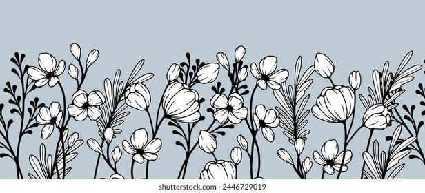 Light blue floral background with black and white wildflowers. Floral vector card, poster, banner, cover design.