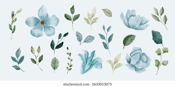 light blue floral and leaves watercolor collection