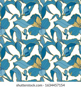 Light blue floral seamless pattern with high detalised alstroemeria buds and flowers for botanical natural print