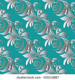Light blue floral seamless pattern background wallpaper illustration with vintage antique white 3d flowers, curly swirl  leaves and flowery elegance tender ornaments.Vector flourish fabric texture.