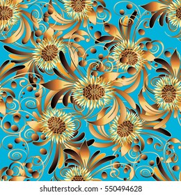 Light blue floral seamless pattern background wallpaper illustration with vintage antique gold 3d flowers, curly swirl  leaves and flowery elegance tender ornaments.Vector flourish fabric texture.