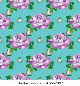 Light blue floral  vector seamless pattern background wallpaper illustration with vintage  volumetric ornamental decorative 3d roses and  leaves. Modern ornate 3d decor with shadow and highlights.