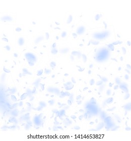 Light blue flower petals falling down. Pleasing romantic flowers gradient. Flying petal on white square background. Love, romance concept. Comely wedding invitation.