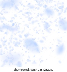 Light blue flower petals falling down. Brilliant romantic flowers gradient. Flying petal on white square background. Love, romance concept. Comely wedding invitation.