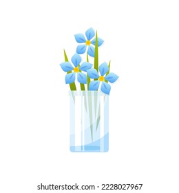 Light blue flowers in glass vase vector illustration. Cartoon drawing of plant in pot, flower composition as gift isolated on white background. Nature, decoration, gardening concept