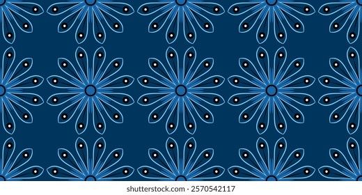 Light blue flowers on dark blue background. Country style seamless pattern. Ethnic monochrome ornamental background. Flowers delicate mandala vector illustration. Plant folk round elements