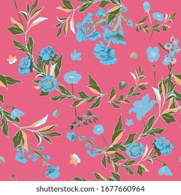 Light blue flowers of roses and poppies, twigs of grass and leaves on hot pink background. Seamless vector pattern. Illustration with plants.