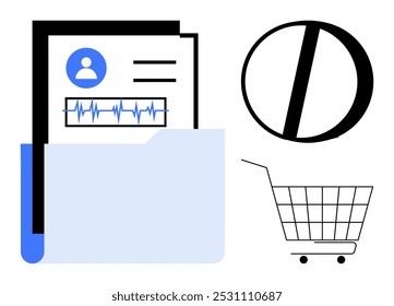 Light blue folder with a medical document, a heartbeat chart, a prohibition symbol, and a shopping cart. Ideal for healthcare, medical records, restrictions, e-commerce, and data organization themes