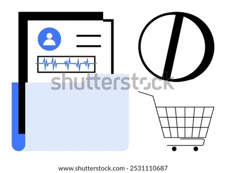 Light blue folder with a medical document, a heartbeat chart, a prohibition symbol, and a shopping cart. Ideal for healthcare, medical records, restrictions, e-commerce, and data organization themes