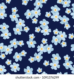 Light blue forget-me-not myosotis ditsy flowers on dark blue navy background. Spring summer floral seamless pattern texture. Vector design illustration for decoration, fashion, fabric, textile.