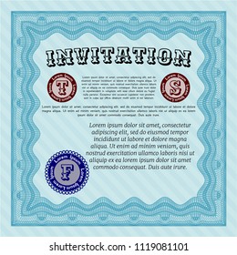 Light blue Formal invitation. Artistry design. Customizable, Easy to edit and change colors. With great quality guilloche pattern. 