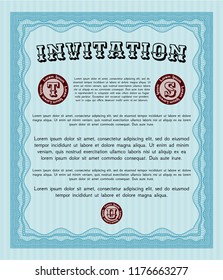 Light blue Formal invitation. Complex background. Cordial design. Detailed. 