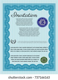 Light blue Formal invitation. With complex linear background. Detailed. Artistry design. 