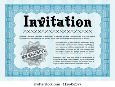  Light blue Formal invitation. Cordial design. With great quality guilloche pattern. Detailed. 