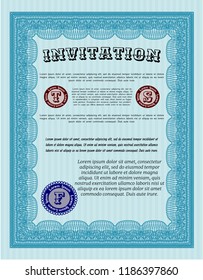 Light blue Formal invitation. Cordial design. With guilloche pattern. Detailed. 