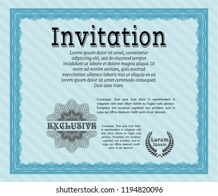 Light blue Formal invitation. Detailed. With complex linear background. Money Pattern design. 