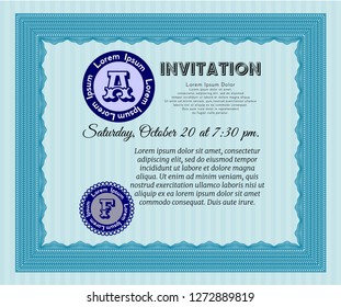 Light blue Formal invitation. Detailed. With complex background. Money Pattern. 