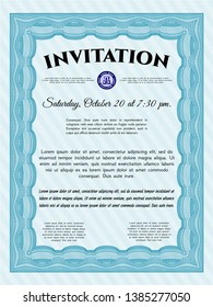 Light blue Formal invitation. Detailed. With background. Money Pattern. 