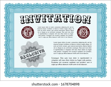 Invitación formal azul claro. Diseño elegante. Fondo complejo. Detallado. 