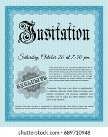 Light blue Formal invitation. Elegant design. With great quality guilloche pattern. Detailed. 