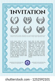 Light blue Formal invitation. With great quality guilloche pattern. Detailed. Artistry design. 