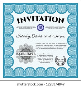 Light blue Formal invitation. With guilloche pattern. Money design. Detailed. 