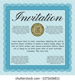 Light blue Formal invitation. With guilloche pattern. Good design. Detailed. 