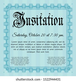 Light blue Formal invitation. With guilloche pattern. Detailed. Excellent design. 