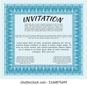 Light blue Formal invitation. Lovely design. Detailed. With complex linear background. 