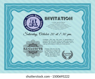 Light blue Formal invitation. Lovely design. Complex background. Detailed. 