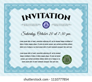  Light blue Formal invitation. Nice design. Customizable, Easy to edit and change colors. With guilloche pattern. 
