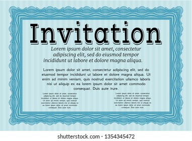 Light blue Formal invitation. Perfect design. With great quality guilloche pattern. Detailed. 