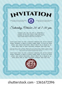 Light blue Formal invitation. Sophisticated design. With guilloche pattern and background. Detailed. 